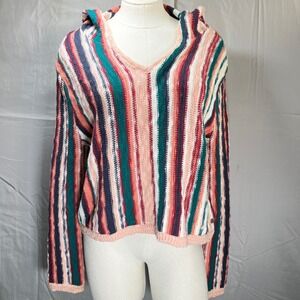 ROXY Striped Hooded Sweater Loose Knit‎ Womens Small V Neck Surf Beach Boho